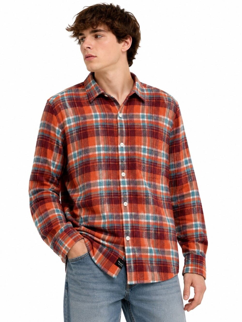 Hudson’s Bay Men’s Orange Burgundy Plaid 100% Cotton Flannel Shirt- L/G
